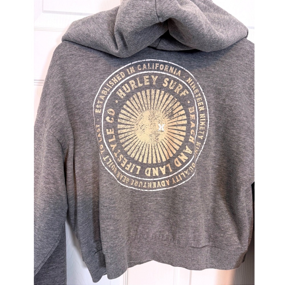 Hurley Zip Hoodie Gray Fleece Crop Surf Graphic Sweatshirt California M